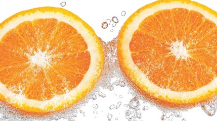 A juicy orange slice splashing into water, with droplets suspended mid-air, highlighting the fruit vibrant color and fresh, citrus appeal.