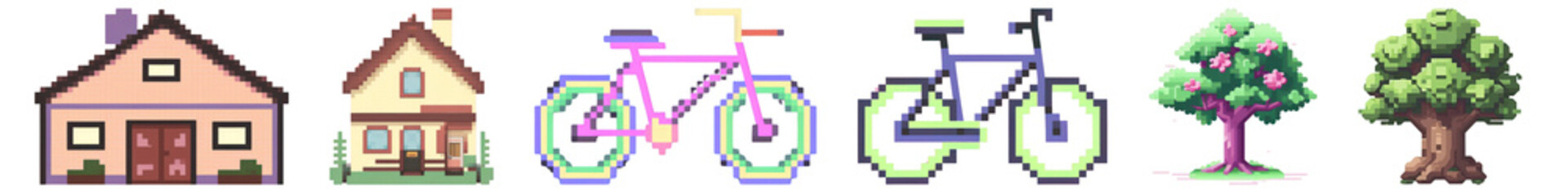 Pixel art home bicycle tree png cut out element set