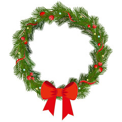 Christmas pine whreath,  Traditional green and red colors, png format.