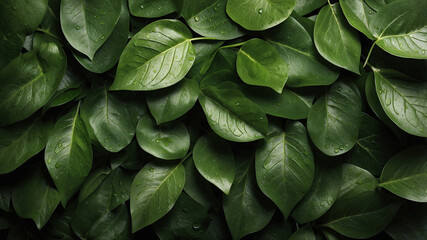 Lush Green Leaves with Water Droplets in High-Resolution Close-Up