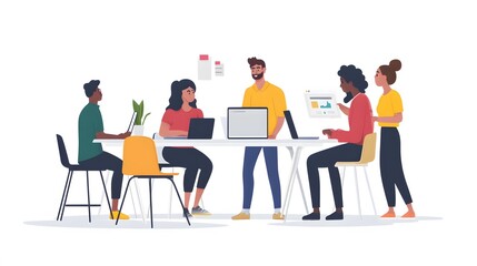 Diverse team working together at a table with laptops and a computer screen displaying a graph.