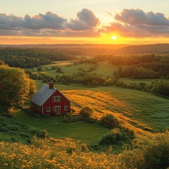 A lone red farmhouse sits on a hilltop overlooking a valley at sunset, with golden light illuminating the fields and trees.