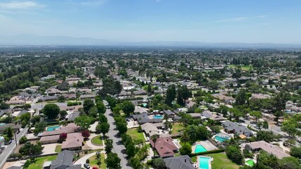 Aerial view of Upland city in San Bernardino County, California, on the border with neighboring Los Angeles County. 