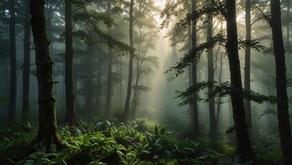 Obraz premium Sunlight Through Misty Forest