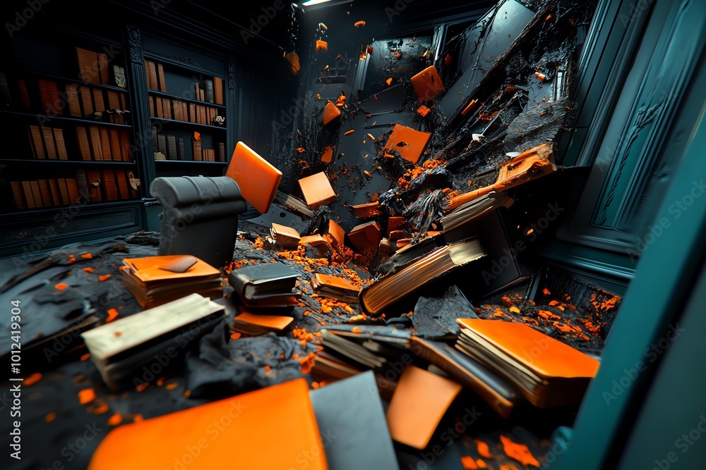 Poster Interactive 3D digital scene of a philosopherâ€™s study filled with decaying books, where users can explore the detailed textures and atmosphere of a room consumed by existential despair