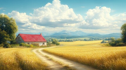 A small red-roofed house sits on a hill overlooking a field of golden wheat, with a dirt road leading up to it and a mountain range in the background.  The sky is bright blue with fluffy white clouds.