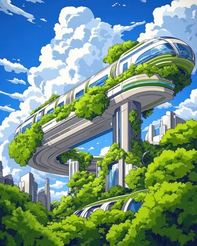 Futuristic Vintage Cityscape Monorails and Sleek Chrome Buildings in a Flat Design Illustration Capturing a Unique Blend of Retro and Modern Aesthetics