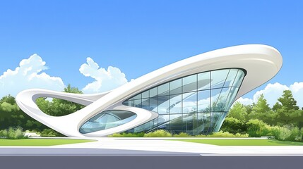 Captivating NeoFuturistic Architecture A Stunning Flat Design Illustration Showcasing Sleek Curves and Glass Elements for Modern Aesthetic Appeal