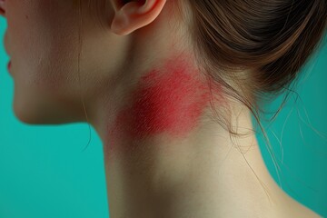Detail of allergic contact dermatitis on the neck of a young person showing a red, inflamed patch in a brightly colored environment