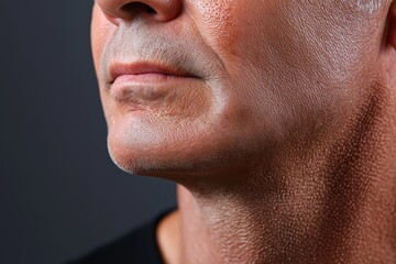 A close-up view of a skin tag on the neck of a middle-aged man, highlighting skin texture and health conditions