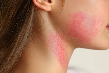 Detail showcasing contact dermatitis caused by an allergic reaction on the side of the face, emphasizing skin irritation and redness in a domestic setting