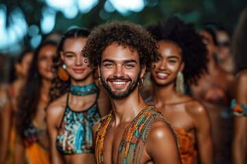 Fototapeta premium Diverse body types confidently showcasing vibrant fashion on a lively catwalk during a summer event in an outdoor setting