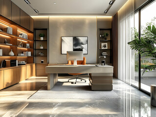 Modern Home Office 3D Illustration with Desk, Bookshelves and Patio View