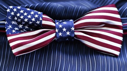 Obraz premium A patriotic bow tie with the American flag design, resting on a simple blue background. The stars and stripes are in sharp focus, ideal for U.S. pride and fashion advertising.