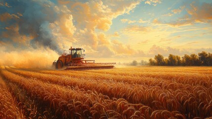 Fototapeta premium A red combine harvester harvests wheat in a field at sunset with dust kicked up behind it.