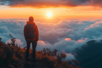 Obraz premium Silhouette of a person standing on a mountain peak at sunset with a sea of clouds below