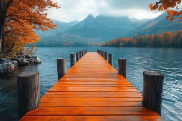 Obraz premium Wooden dock leading to calm blue lake in autumn with mountains in the background