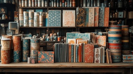 A vintage workshop with shelves full of paint cans, wallpaper samples, and books.