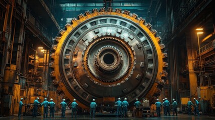 Obraz premium A group of workers stand in front of a massive industrial grinder in a factory setting.