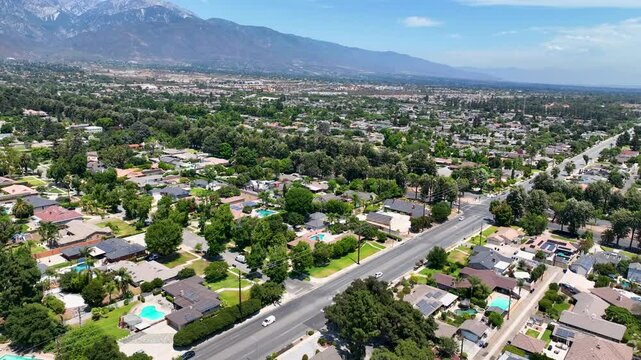 Aerial view of Upland city in San Bernardino County, California, on the border with neighboring Los Angeles County. 
