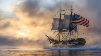 Tall Ship Sailing Through the Fog at Sunset