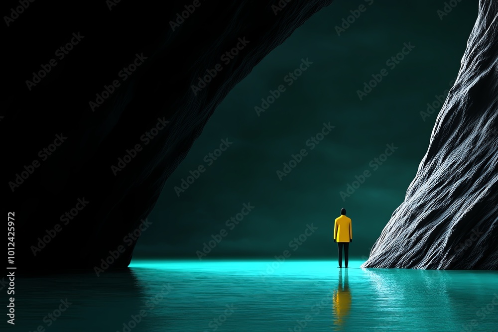 Poster Minimalist illustration of a figure standing alone in a vast, empty space, with clean lines and muted tones representing the isolation of nihilism