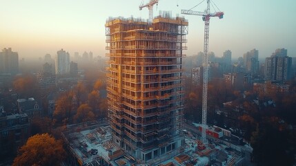 Aerial view of a high-rise building under construction in a city during sunrise with a crane in the background.