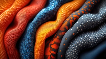 A close-up of colorful fabrics with different textures, folded in a wave-like pattern.