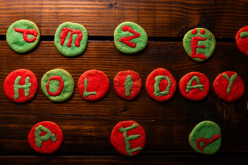 Festive homemade green and red Christmas letter cookies, Holiday
