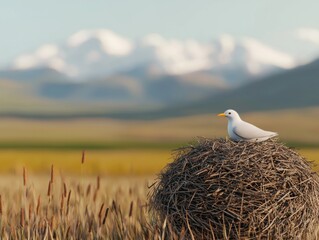 Bird Nesting on Natural Landscape with Wind Turbines
