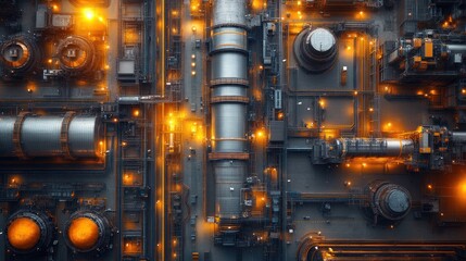 An aerial view of a futuristic industrial complex with glowing lights and intricate piping.