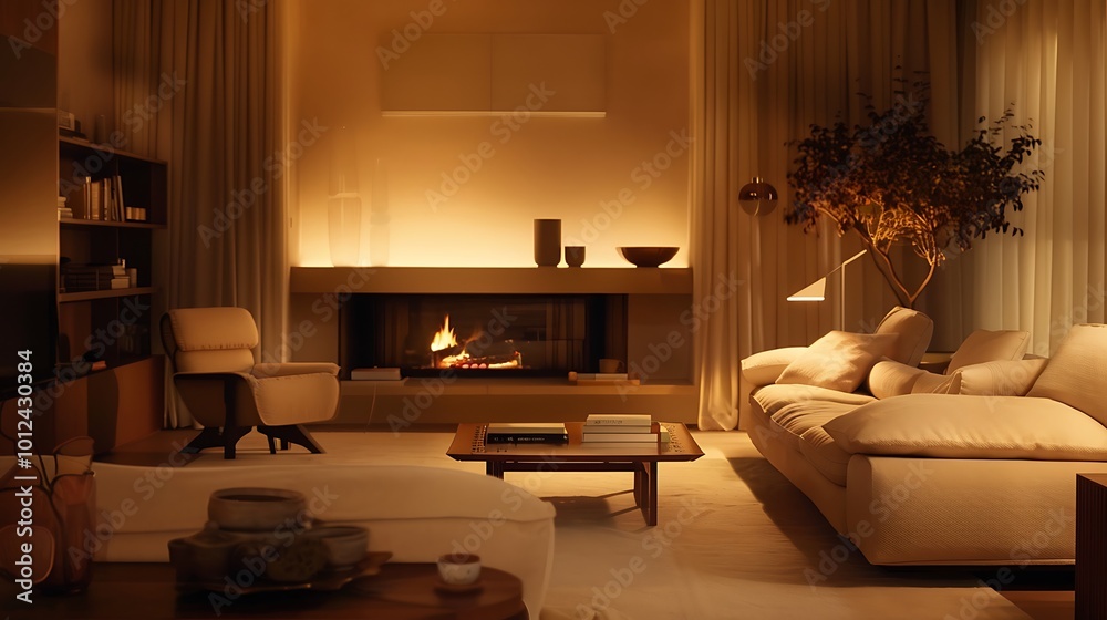 Sticker A cozy living room with warm tones, soft beige furniture, and a fireplace casting a soft light over the space