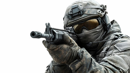 Photo - Soldier in Winter Warfare Gear Aims Rifle