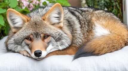 Fototapeta premium A wild animal resting on a bed in a Nordic-style bedroom, surrounded by minimalist decor, clean lines, and natural light.