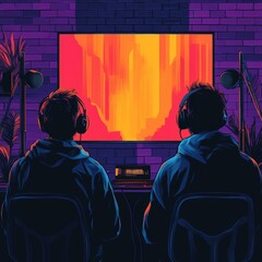 Fototapeta premium Two People in a Dark Room Watching a Screen with a Neon Landscape