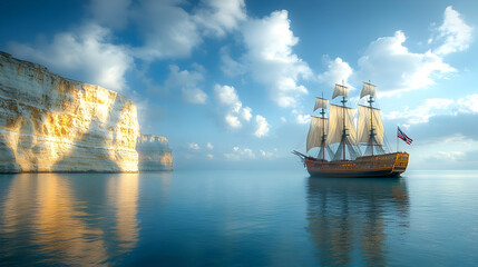 Sailing Ship on the Ocean with Cliffs in the Distance