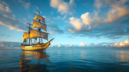 Fototapeta premium Sailing Ship on the Open Sea with a Beautiful Sky