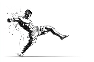Simple line art of a Muay Thai roundhouse kick, capturing the motion and precision of the strike in a minimalist style