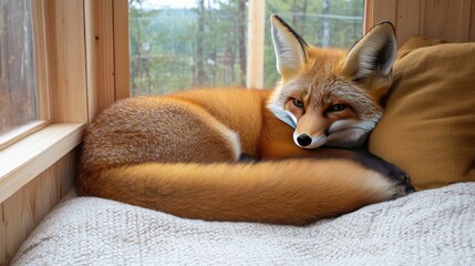 Obraz premium A wild animal sprawled on a cozy bed in a Nordic-inspired room with simple decor, warm textiles, and light wooden elements.