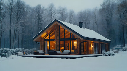 Cozy Winter Cabin Illustration - Snowy Landscape Scene
