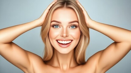 Obraz premium A woman radiant skin, perfectly smooth and glowing, her underarms highlighted as clean and flawless, promoting deodorant and epilation benefits in a natural beauty concept.