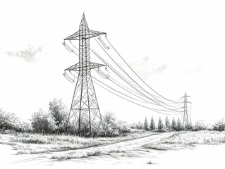 High Voltage Power Lines Illustration - Rural Countryside Scene