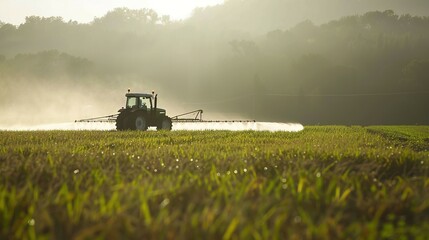 Naklejka premium Tractor Spraying Crops in a Foggy Field at Sunrise