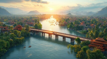 Fototapeta premium Aerial view of a picturesque town with a bridge over a river, surrounded by lush green trees and mountains in the background. The sun is setting in the distance, casting a warm glow over the scene.