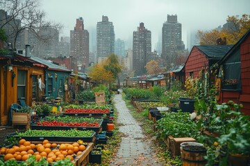 Obraz premium A community garden with rows of vegetables and pumpkins in the foreground, a pathway leads to a cluster of small houses, and a city skyline in the background.