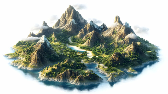 3D Illustration - Serene Island Paradise with Majestic Mountains