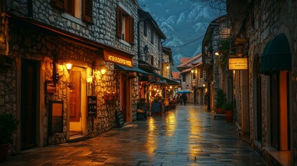Fototapeta premium A cobblestone street lined with shops and restaurants in a European town, with the lights reflecting in the wet pavement.
