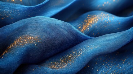 Abstract blue fabric with golden glitter.