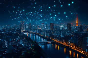 Fototapeta premium Tokyo Cityscape Network Illustration at Night