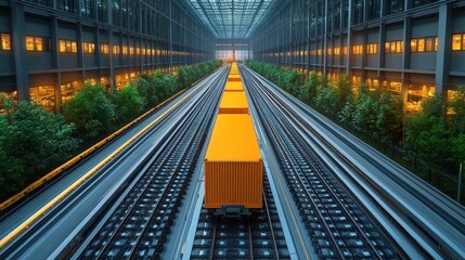 Fototapeta premium A train with yellow containers runs through a modern indoor railway station.